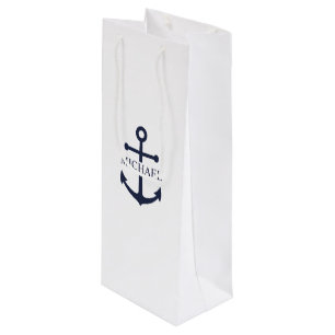 Nautical Navy Blue Anchor Personalised Name Wine Gift Bag