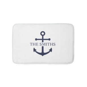 Nautical Navy Blue Anchor Personalized Family Name Bath Mat