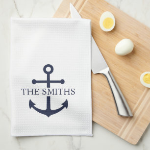 Nautical Navy Blue Anchor Personalized Family Name Tea Towel