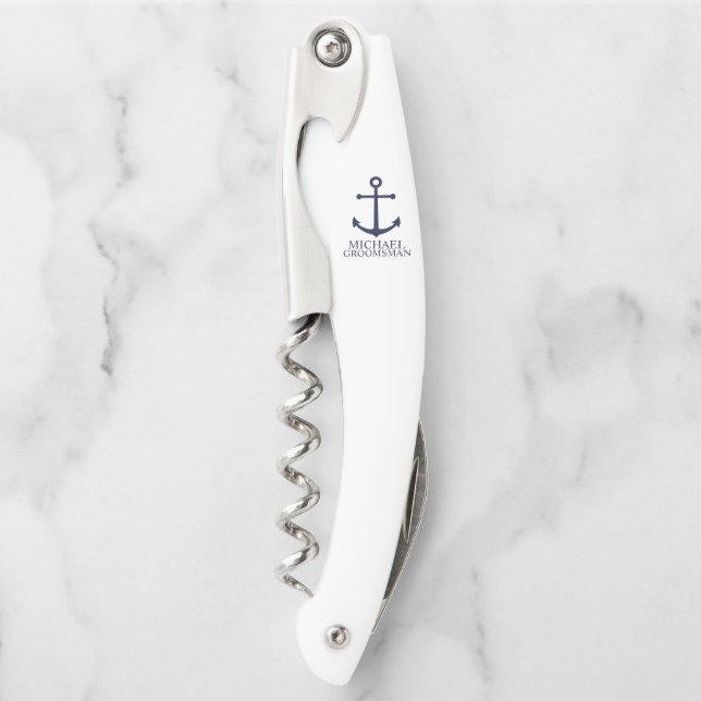 Nautical Navy Blue Anchor Personalized Groomsmen Corkscrew (Front)