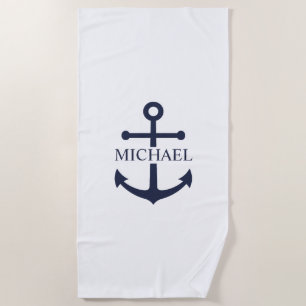 Nautical Navy Blue Anchor Personalized Name Beach Towel