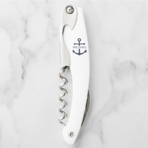 Nautical Navy Blue Anchor Personalized Name Corkscrew