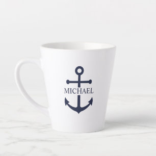 Nautical Navy Blue Anchor Personalized Name Latte Mug