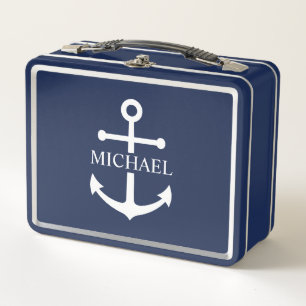 Nautical Navy Blue Anchor Personalized Name Metal Lunch Box