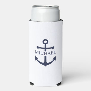 Nautical Navy Blue Anchor Personalized Name Seltzer Can Cooler