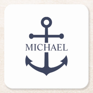 Nautical Navy Blue Anchor Personalized Name Square Paper Coaster