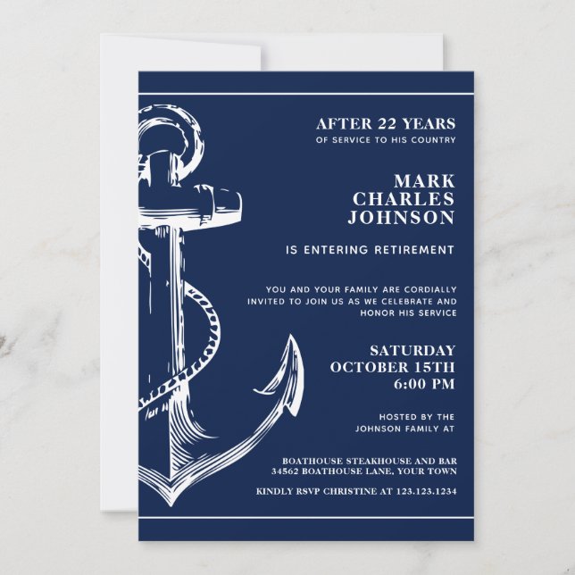Nautical Navy Blue Anchor Retirement Invitation (Front)