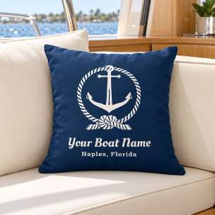 Nautical Navy Blue Anchor Rope Boat Name Cushion