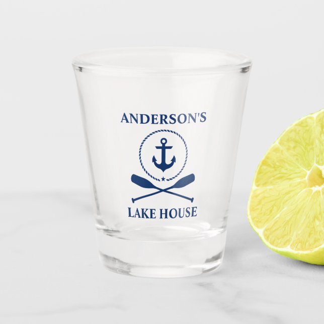 Nautical Navy Blue Anchor Rope Oars Lake House Shot Glass (Front)