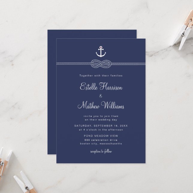 Nautical Navy Blue Anchor Rope QR Code Wedding Invitation (Front/Back In Situ)