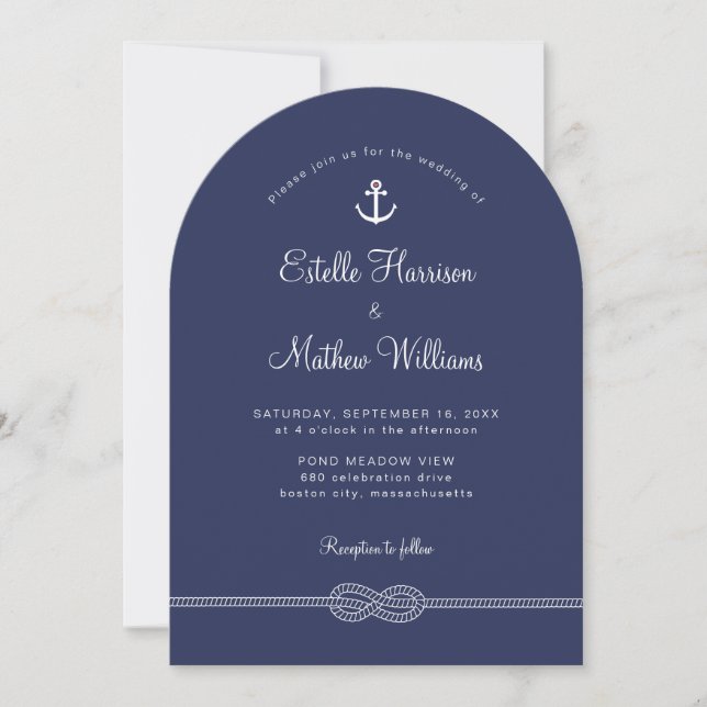 Nautical Navy Blue Anchor Rope QR Code Wedding Invitation (Front)