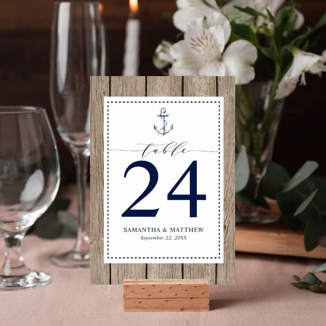 Nautical Navy Blue Anchor Rustic Wood Wedding Table Number (Rustic wood nautical anchor design table number card is perfect for your wedding reception.)