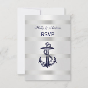 Nautical Navy Blue Anchor Silver White V RSVP Card