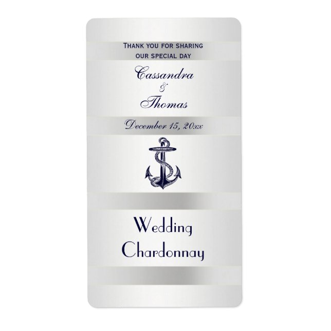 Nautical Navy Blue Anchor Silver Wht V Wine Bottle (Front)