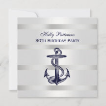 Nautical Navy Blue Anchor Silver Wt BG SQ Birthday