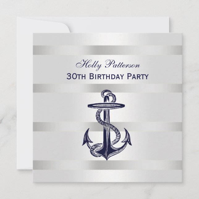 Nautical Navy Blue Anchor Silver Wt BG SQ Birthday Invitation (Front)