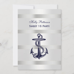 Nautical Navy Blue Anchor Silver Wt BG V Sweet 16 Invitation