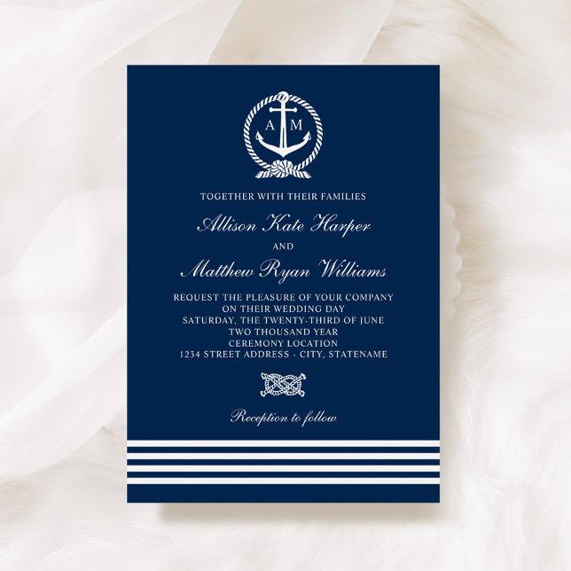 Nautical Navy Blue Anchor Stripes Wedding Monogram Invitation (Creator Uploaded)