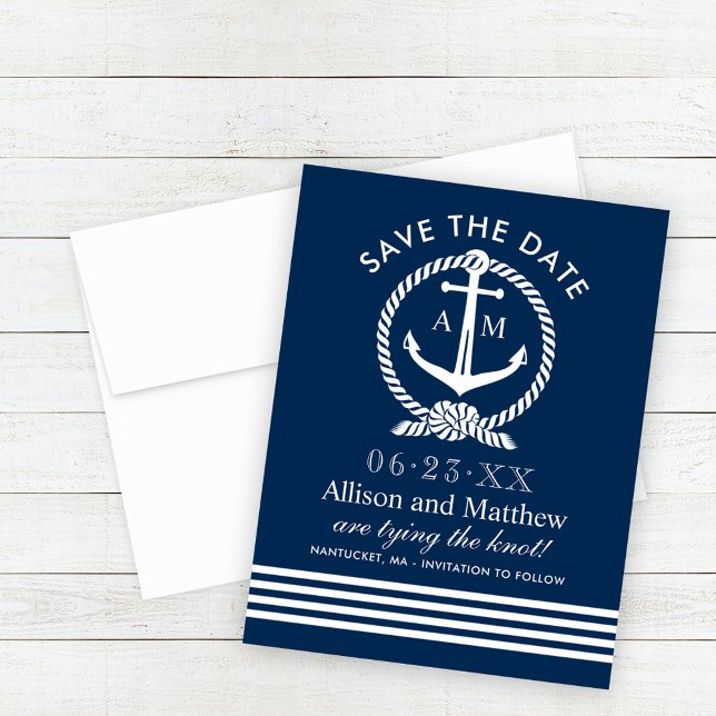 Nautical Navy Blue Anchor Stripes Wedding Save The Date (Creator Uploaded)