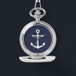 Nautical Navy Blue Anchor Watch<br><div class="desc">Modern Minimalist Nautical Gift featuring white anchor on navy blue background.</div>