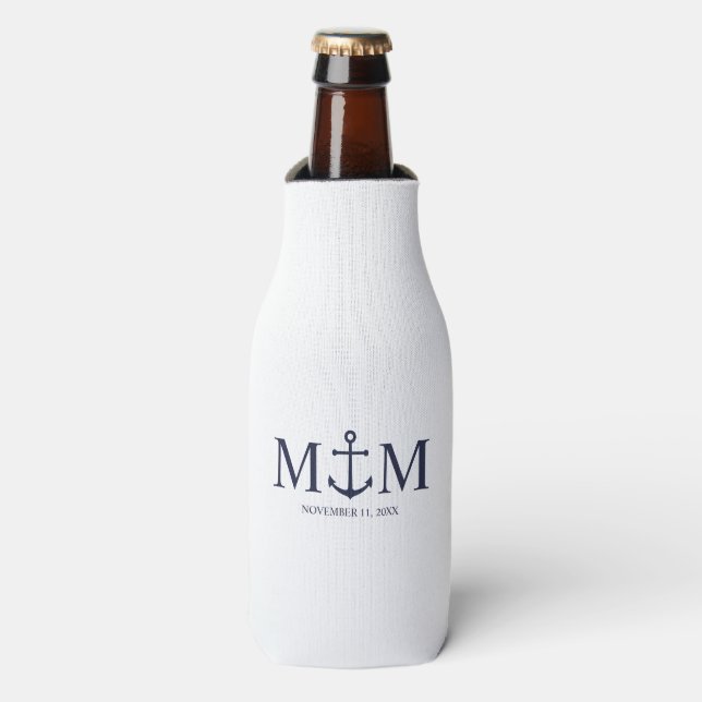 Nautical Navy Blue Anchor Wedding Bottle Cooler (Bottle Front)