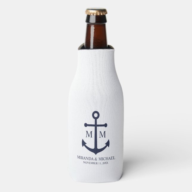 Nautical Navy Blue Anchor Wedding Bottle Cooler (Bottle Front)