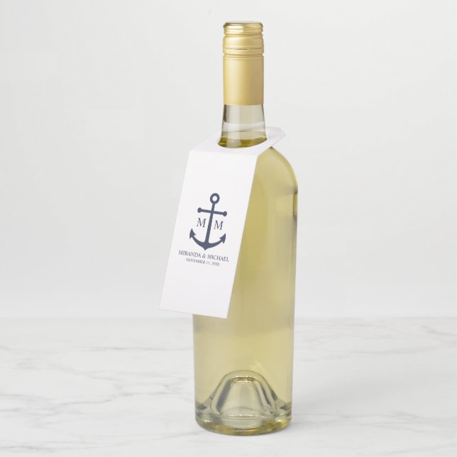 Nautical Navy Blue Anchor Wedding Bottle Tag (Angled)