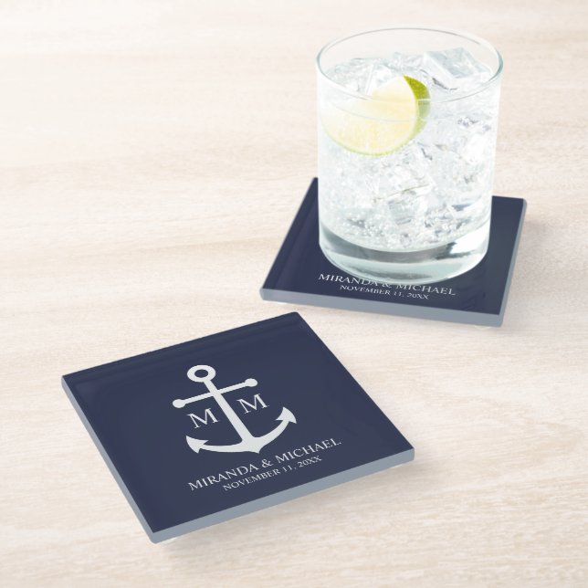 Nautical Navy Blue Anchor Wedding Glass Coaster (Angled)