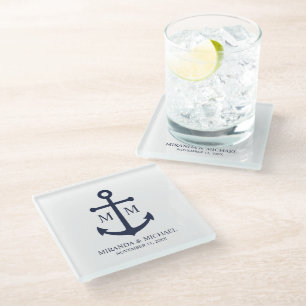 Nautical Navy Blue Anchor Wedding Glass Coaster