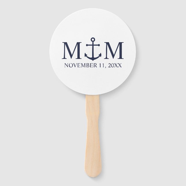 Nautical Navy Blue Anchor Wedding Hand Fan (Front)