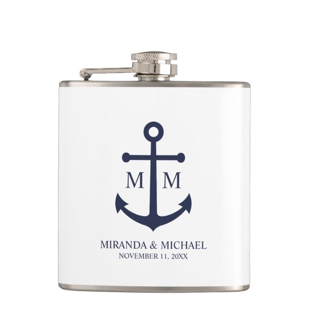 Nautical Navy Blue Anchor Wedding Hip Flask (Front)