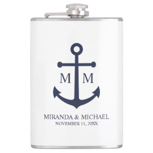 Nautical Navy Blue Anchor Wedding Hip Flask