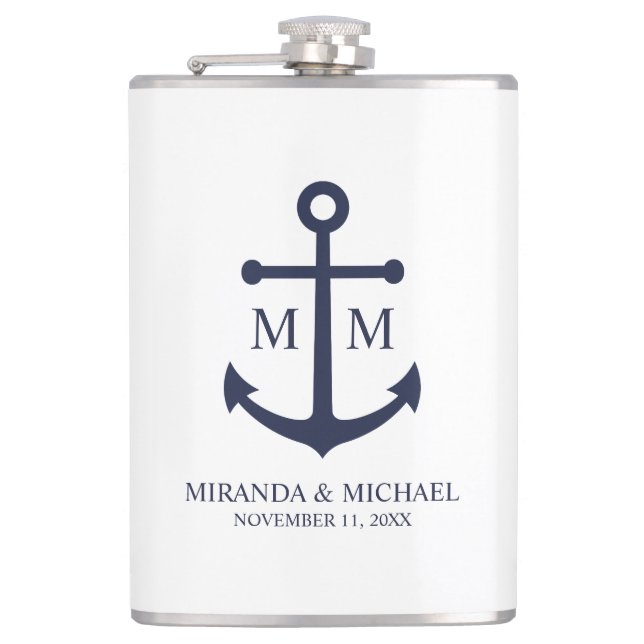 Nautical Navy Blue Anchor Wedding Hip Flask (Front)