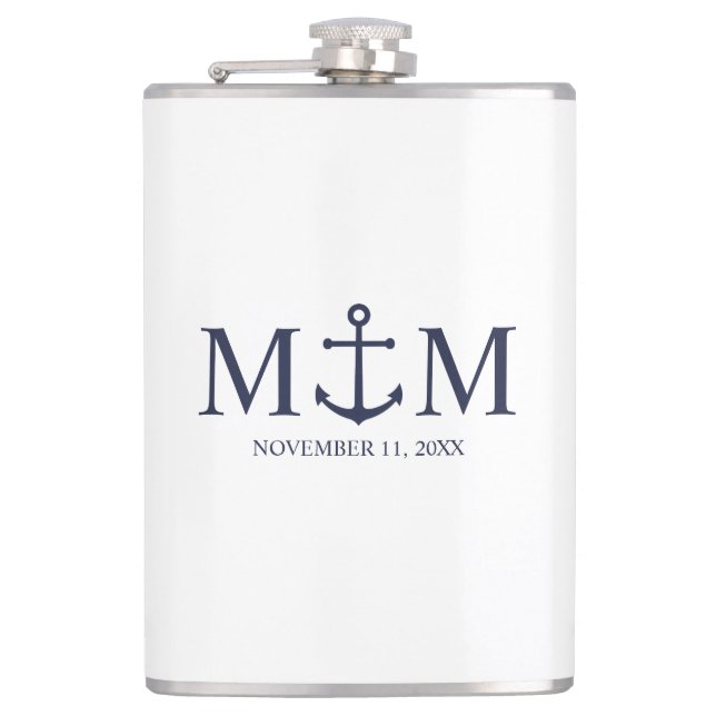 Nautical Navy Blue Anchor Wedding Hip Flask (Front)