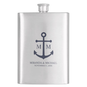 Nautical Navy Blue Anchor Wedding Hip Flask