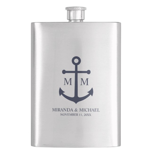 Nautical Navy Blue Anchor Wedding Hip Flask (Front)