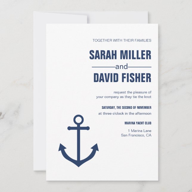 Nautical Navy Blue Anchor Wedding Invitation (Front)