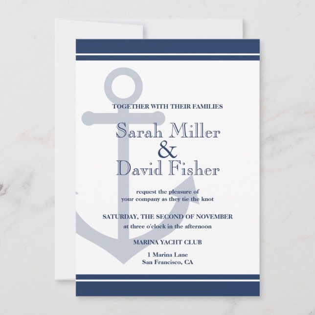 Nautical Navy Blue Anchor Wedding Invitation (Front)