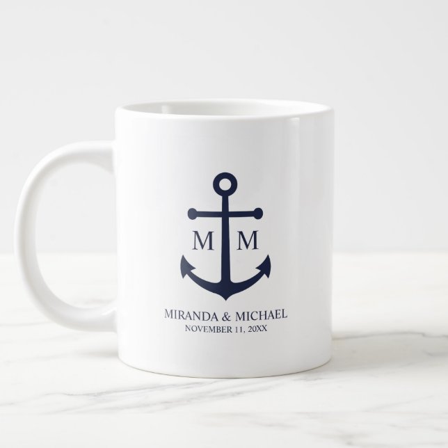 Nautical Navy Blue Anchor Wedding Large Coffee Mug (Left)