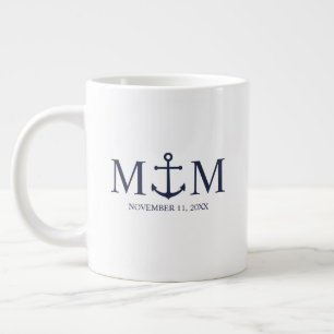 Nautical Navy Blue Anchor Wedding Large Coffee Mug