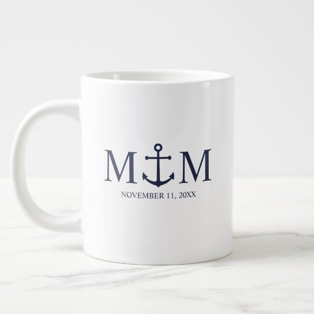 Nautical Navy Blue Anchor Wedding Large Coffee Mug (Left)