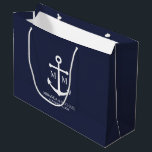 Nautical Navy Blue Anchor Wedding Large Gift Bag<br><div class="desc">Add a stylish touch to your nautical wedding with this classic navy blue anchor wedding favour gift bag. Designed with a white anchor illustration, it features personalised bride and groom monogram, name, and wedding date in a white serif font on a navy blue background. Perfect for nautical weddings, beach weddings...</div>
