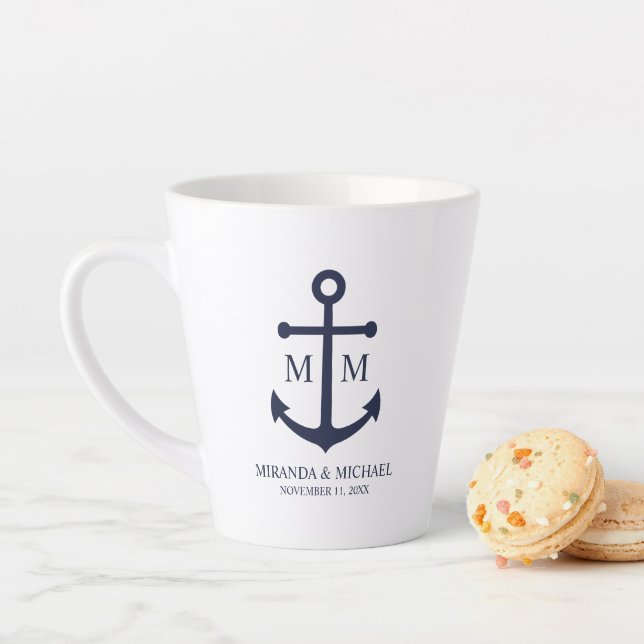 Nautical Navy Blue Anchor Wedding Latte Mug (In Situ)