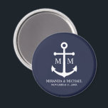 Nautical Navy Blue Anchor Wedding Magnet<br><div class="desc">Add a stylish touch to your nautical wedding with this classic navy blue anchor wedding favour. Designed with a white anchor illustration, it features personalised bride and groom monogram, name, and wedding date in a white serif font on a navy blue background. Perfect for nautical weddings, beach weddings and more....</div>