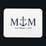 Nautical Navy Blue Anchor Wedding Magnet<br><div class="desc">Add a stylish touch to your nautical wedding with this classic navy blue anchor wedding favour. Designed with a navy blue anchor illustration, it features personalised bride and groom monogram and wedding date in a navy blue serif font on a white background. Perfect for nautical weddings, beach weddings and more....</div>
