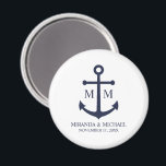 Nautical Navy Blue Anchor Wedding Magnet<br><div class="desc">Add a stylish touch to your nautical wedding with this classic navy blue anchor wedding favour. Designed with a navy blue anchor illustration, it features personalised bride and groom monogram, name, and wedding date in a navy blue serif font on a white background. Perfect for nautical weddings, beach weddings and...</div>