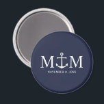 Nautical Navy Blue Anchor Wedding Magnet<br><div class="desc">Add a stylish touch to your nautical wedding with this classic navy blue anchor wedding favour. Designed with a white anchor illustration, it features personalised bride and groom monogram, name, and wedding date in a white serif font on a navy blue background. Perfect for nautical weddings, beach weddings and more....</div>