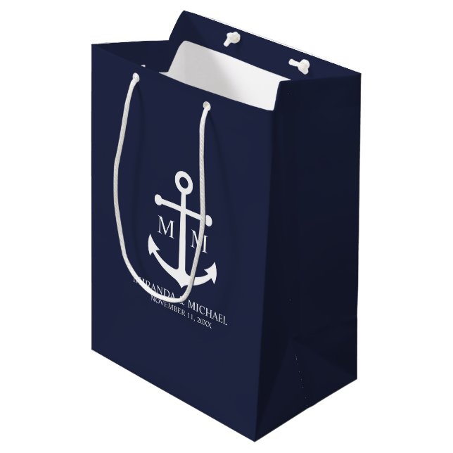 Nautical Navy Blue Anchor Wedding Medium Gift Bag (Front Angled)