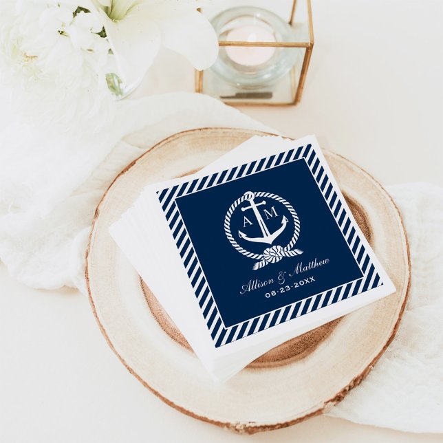 Nautical Navy Blue Anchor Wedding Monogram Napkin (Creator Uploaded)