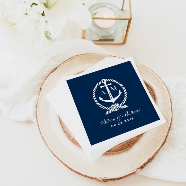 Nautical Navy Blue Anchor Wedding Monogram Napkin (Creator Uploaded)